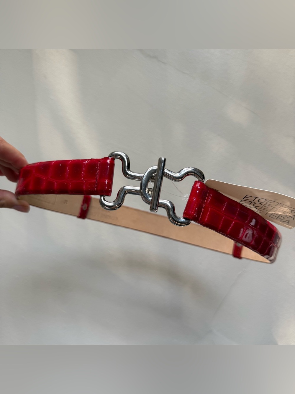 Red Croc-Embossed Patent Belt with Silver Horsebit Buckle